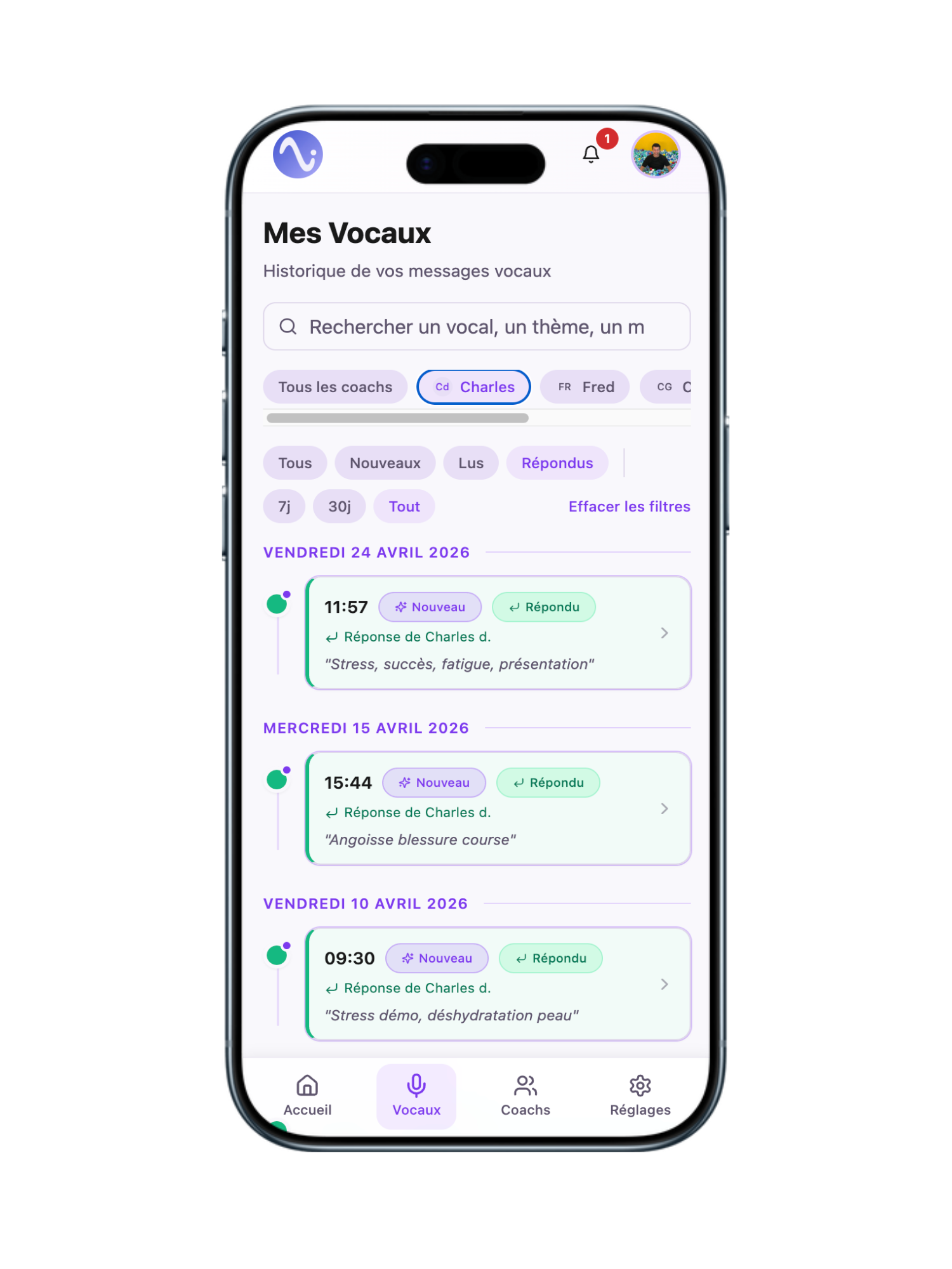 Historique des vocaux dans l'application Paice — réponses du coach par date