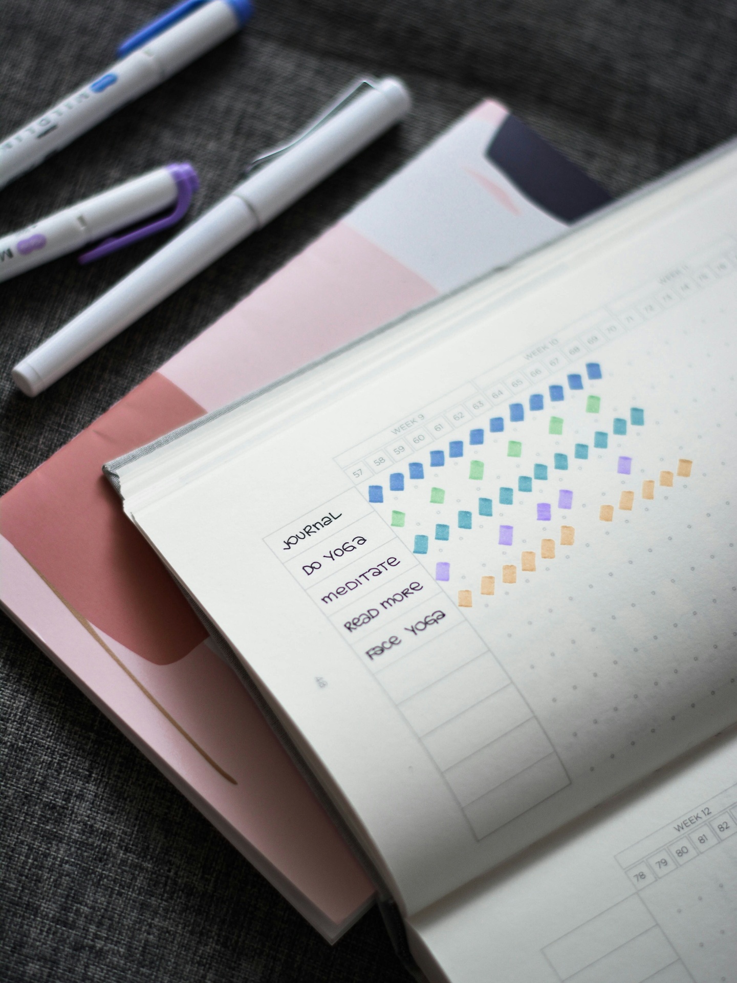 Un carnet d'habitudes ouvert sur un tracker hebdomadaire — cases cochées semaine après semaine, la répétition qui ancre le changement.